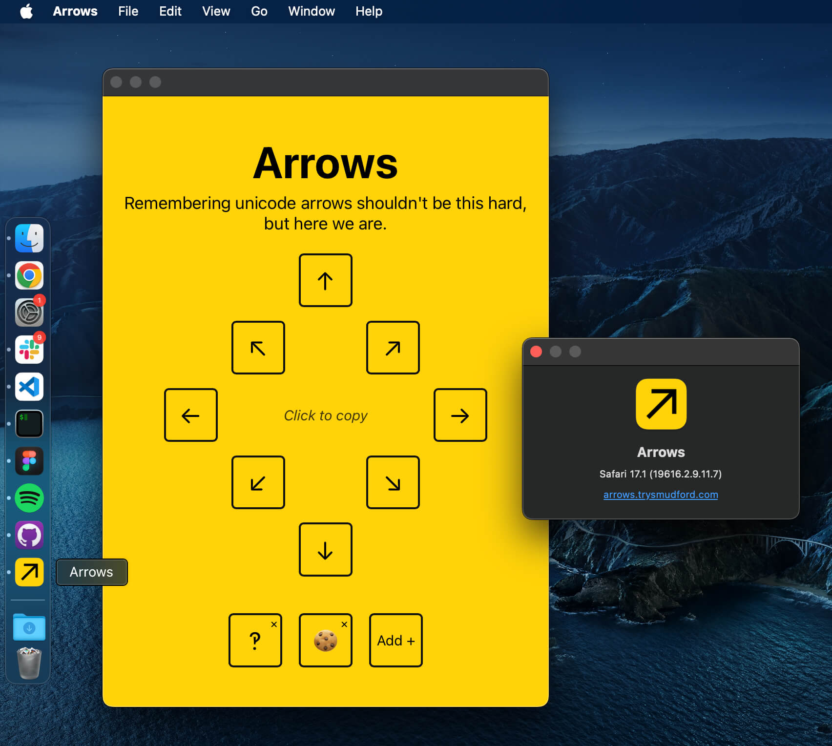 A screenshot of the ‘arrows’ application on the desktop, complete with standalone UI, custom dock icon & name, and ‘about’ page.