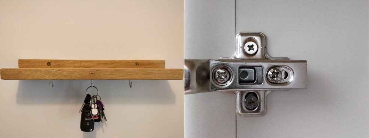 A shelf screwed to the wall, and an adjustable hinge.