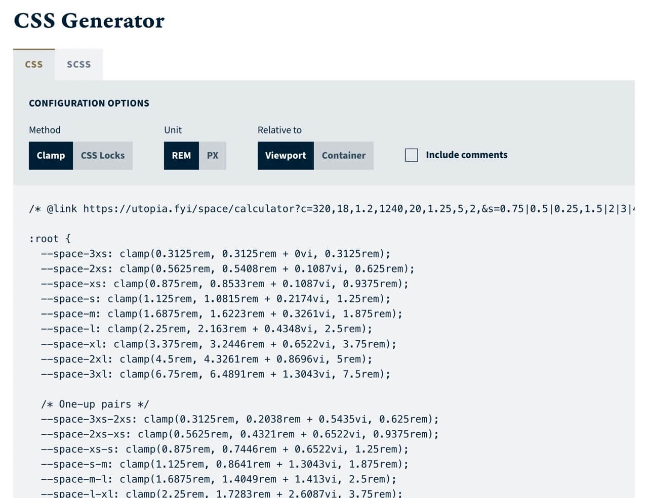 A screenshot of the updated CSS space generator on Utopia.fyi, including CSS/SCSS tabs, a clamp/css locks toggle, a rem/px toggle and a viewport/container toggle