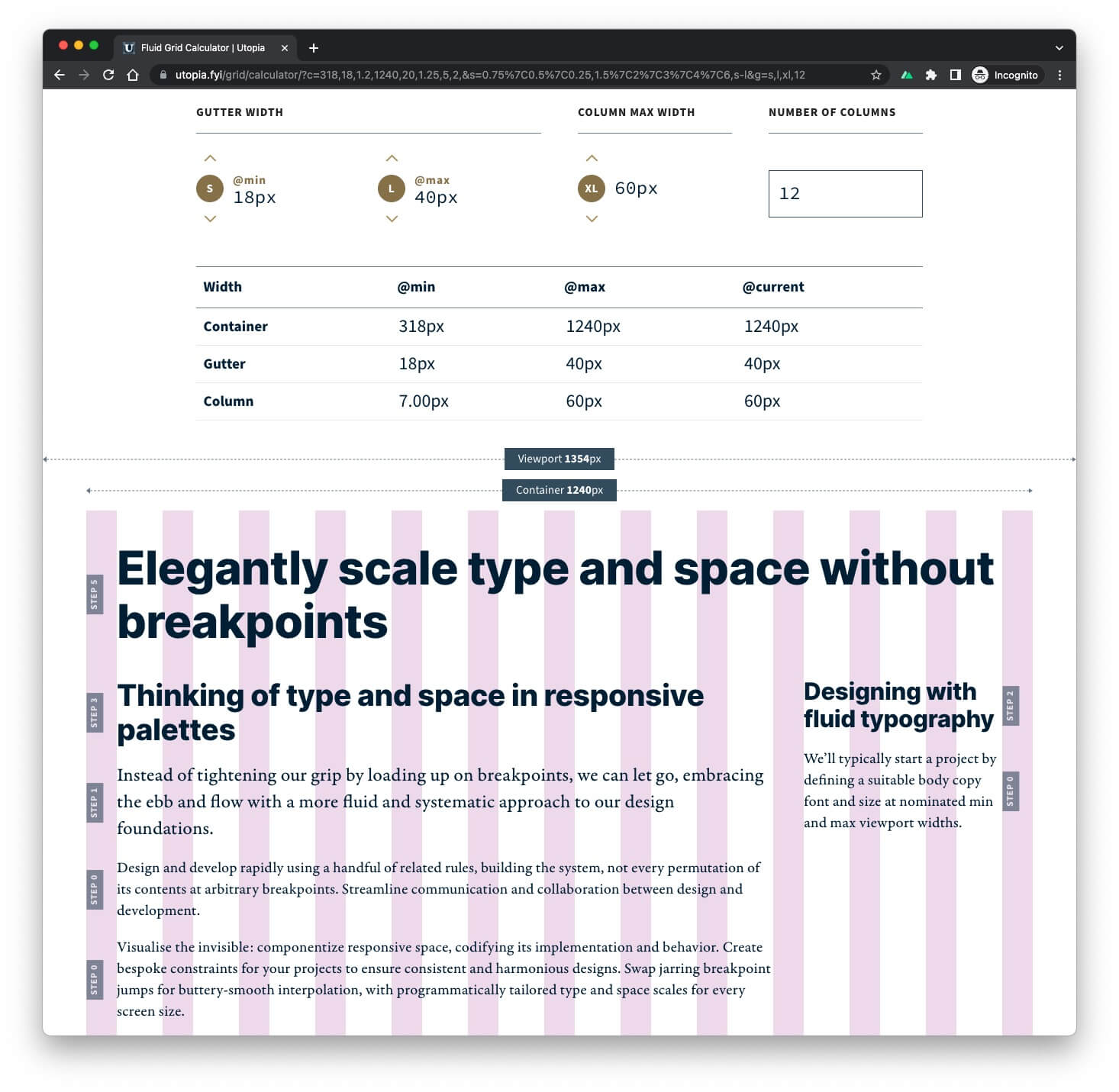 A screenshot of the Utopia Grid Calculator, with a table of results, and a live visualisation of the grid.